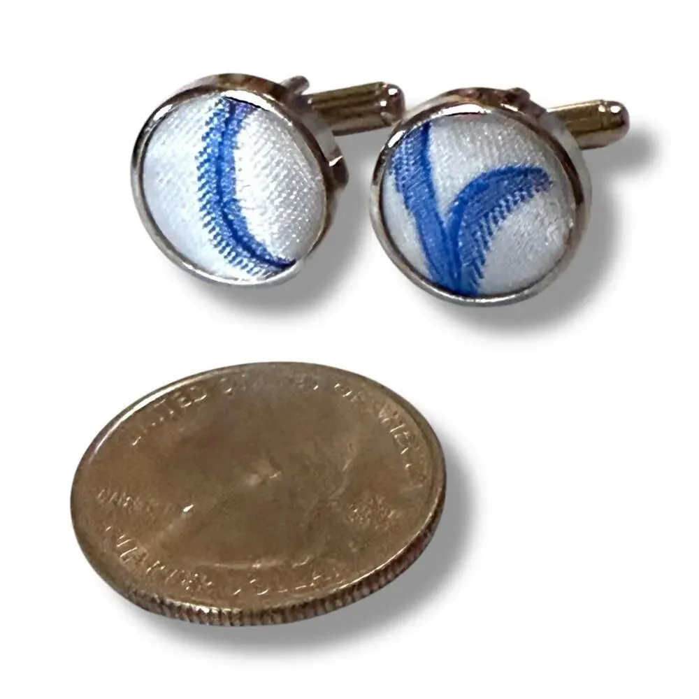 Silver Tone and Satin Wave Cufflinks Mens Blue and White Formal Preppy Wedding